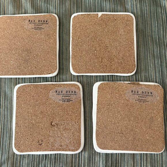 Set of 4 RAE DUNN coasters in wrought iron stand sip slurp drink gulp - Picture 2 of 3